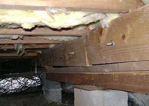sagging crawl space with wooden shimming a Richardson crawl space